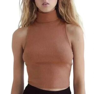 Zara High Collar Ribbed Top Turtleneck Sleeveless Tank Camel Women's size Large
